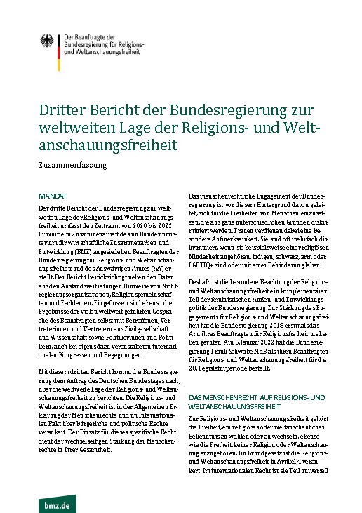 Cover Zusammenfassung: Dritter Bericht der Bundesregierung zur weltweiten Lage der Religions- und Weltanschauungsfreiheit