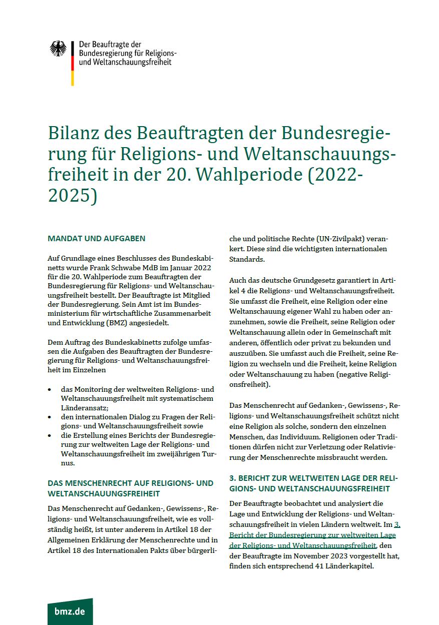 Titelblatt: Bilanz des Beauftragten der Bundesregierung für Religions- und Weltanschauungsfreiheit in der 20. Wahlperiode (2022–2025)