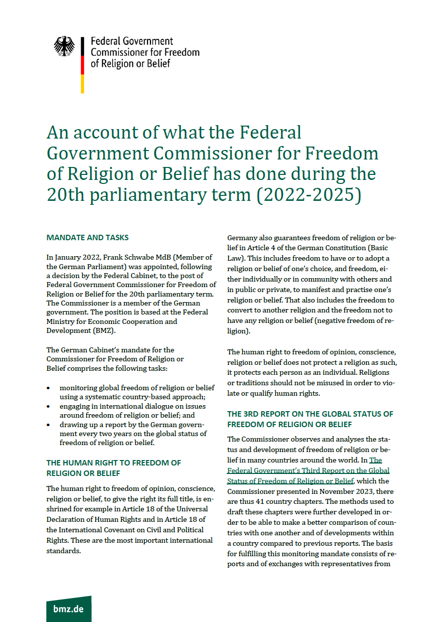 Cover: An account of what the Federal Government Commissioner for Freedom of Religion or Belief has done during the 20th parliamentary term (2022-2025)